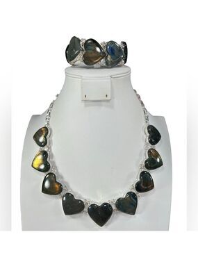 Labradorite Heart 925 Large Gemstone Necklace & Bracelet Set